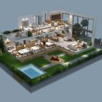 3D cutaway model of spacious modern house