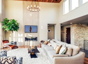 Contemporary living room with modern fireplace and TV