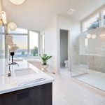 Modern bathroom with walk in shower, bath and separate loo