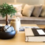 Coffee table with plant and book