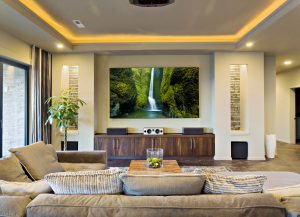 Living room with projector screen and surround sound