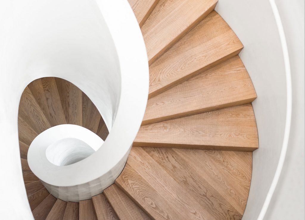 Spiral staircase with wooden steps