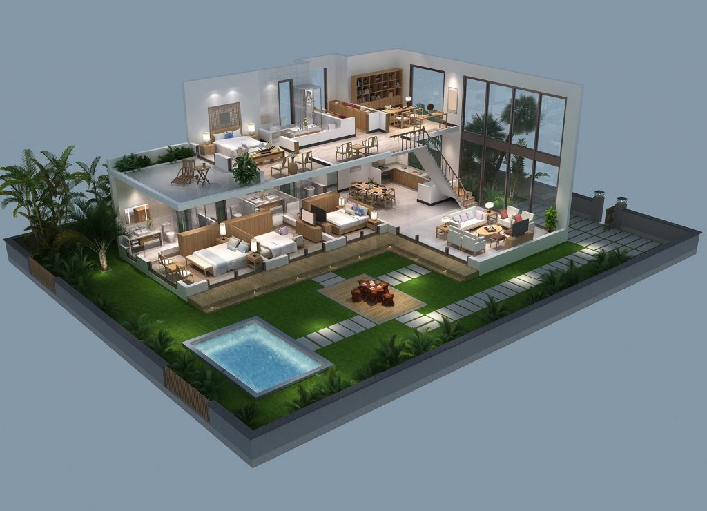 3D cutaway model of spacious modern house